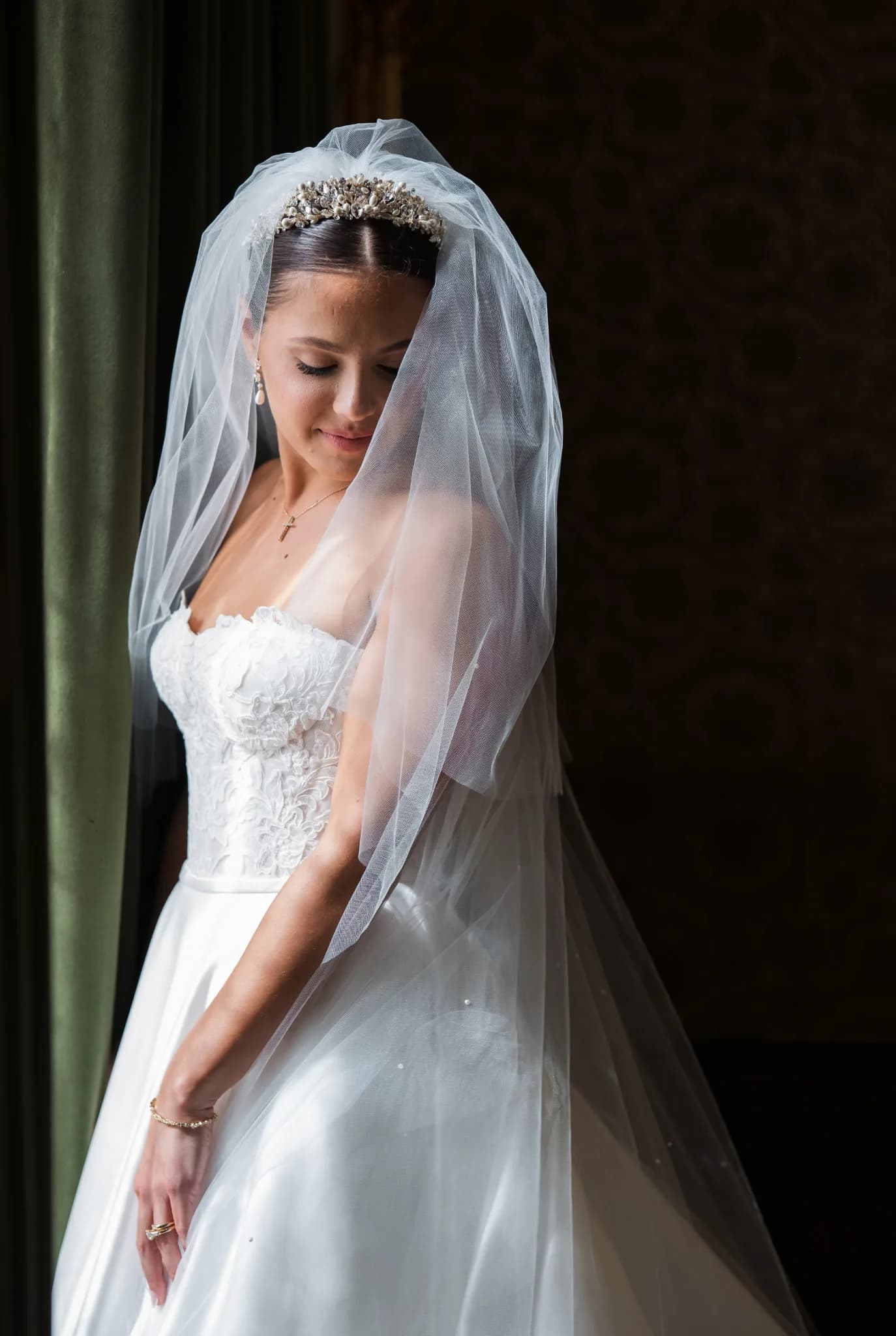 Bride Veil Tiara Window Portrait